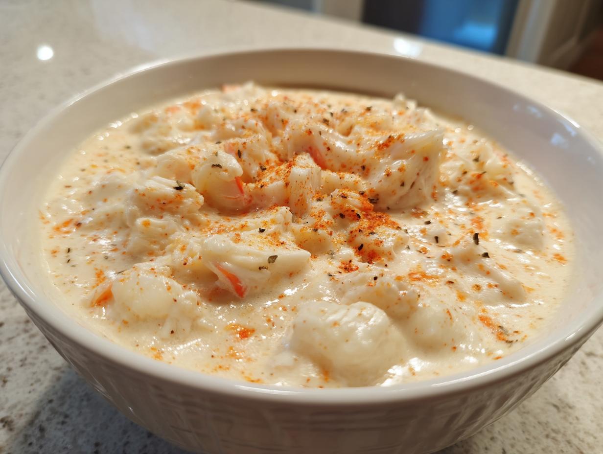 Close-up of a white bowl filled with rich, creamy crab soup topped generously with flaked crab meat and seasoning.