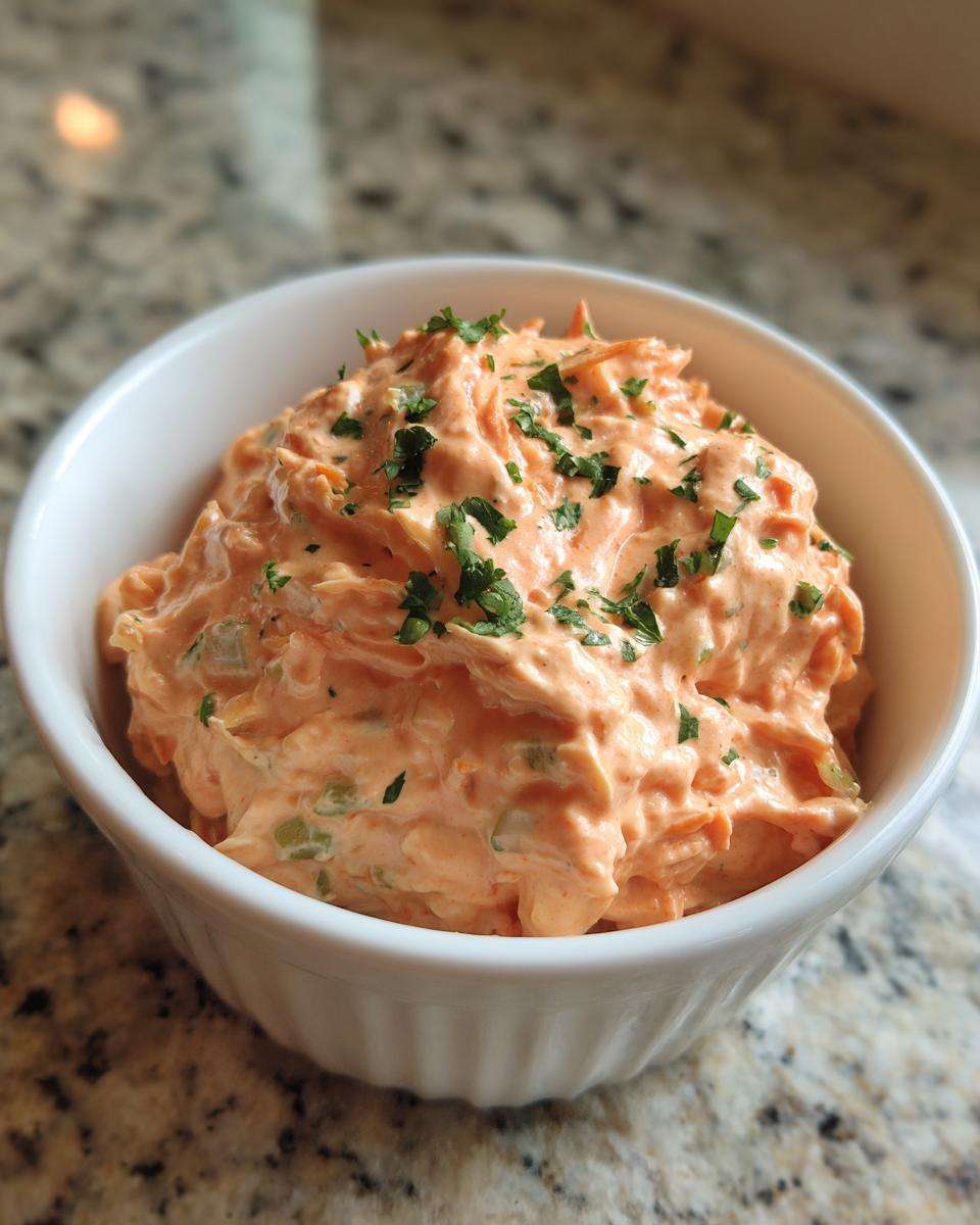 A close-up of thick, orange-hued remoulade sauce with visible relish pieces, served in a white bowl and garnished with fresh parsley.