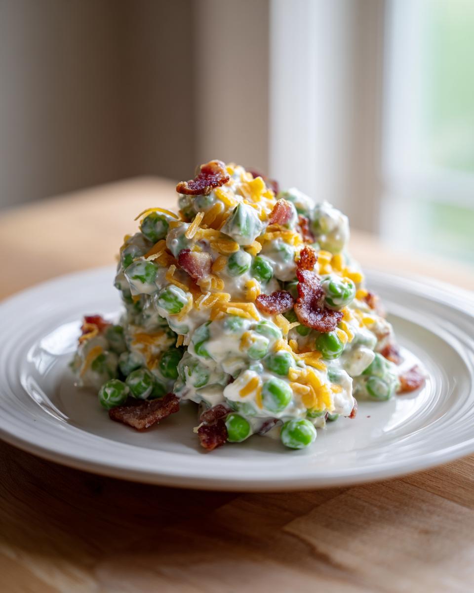 A mound of creamy pea salad topped with shredded cheddar cheese and crispy bacon bits on a white plate.