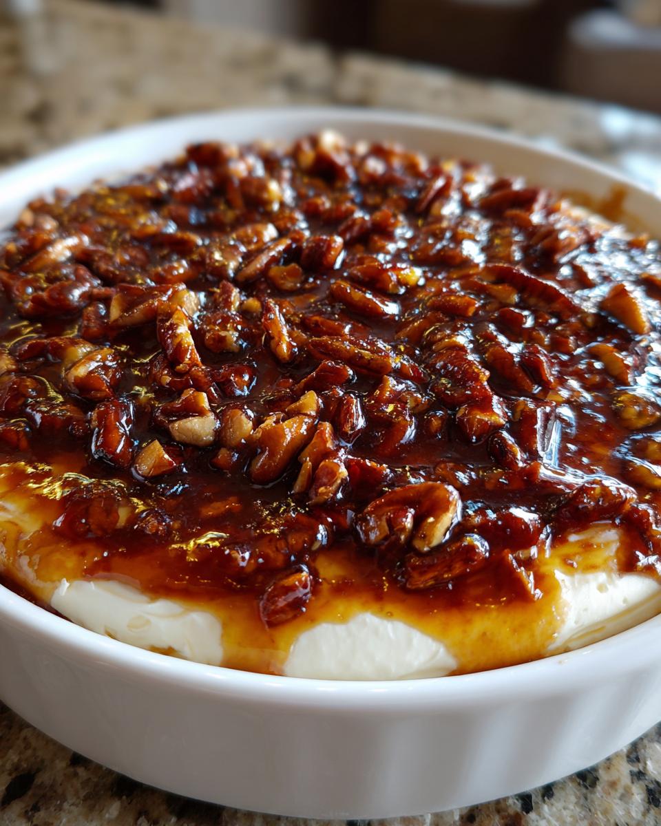 A close-up view of a creamy pecan pie dip in a white bowl, topped generously with sticky, glazed pecans.