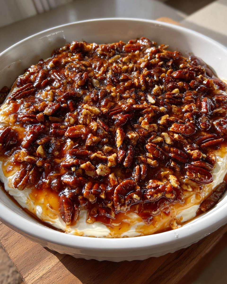 A close-up of a creamy pecan pie dip in a white bowl, generously topped with glazed, caramelized pecans.
