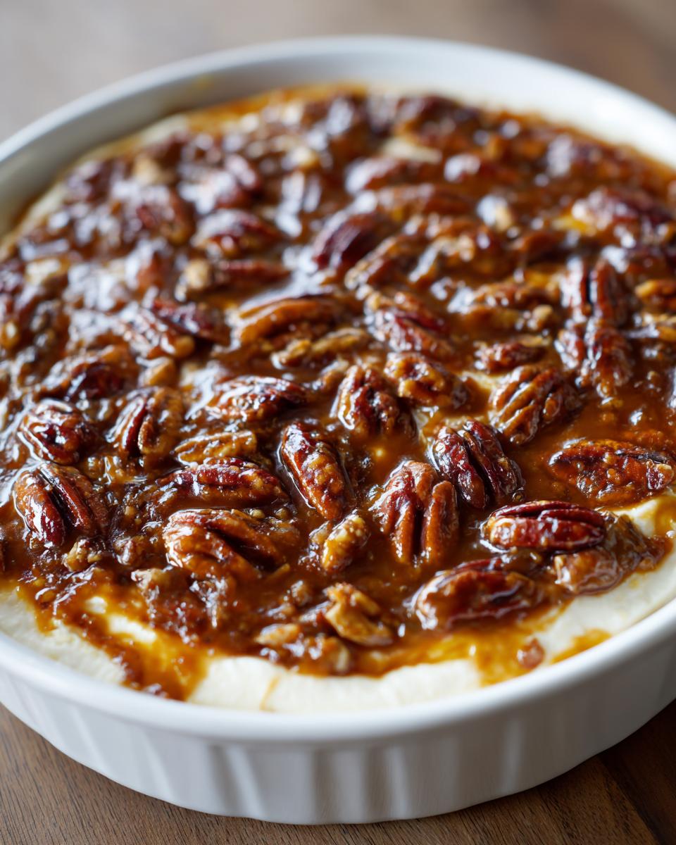 A close-up view of a creamy pecan pie dip in a white dish, generously covered with a sticky, caramelized pecan topping.