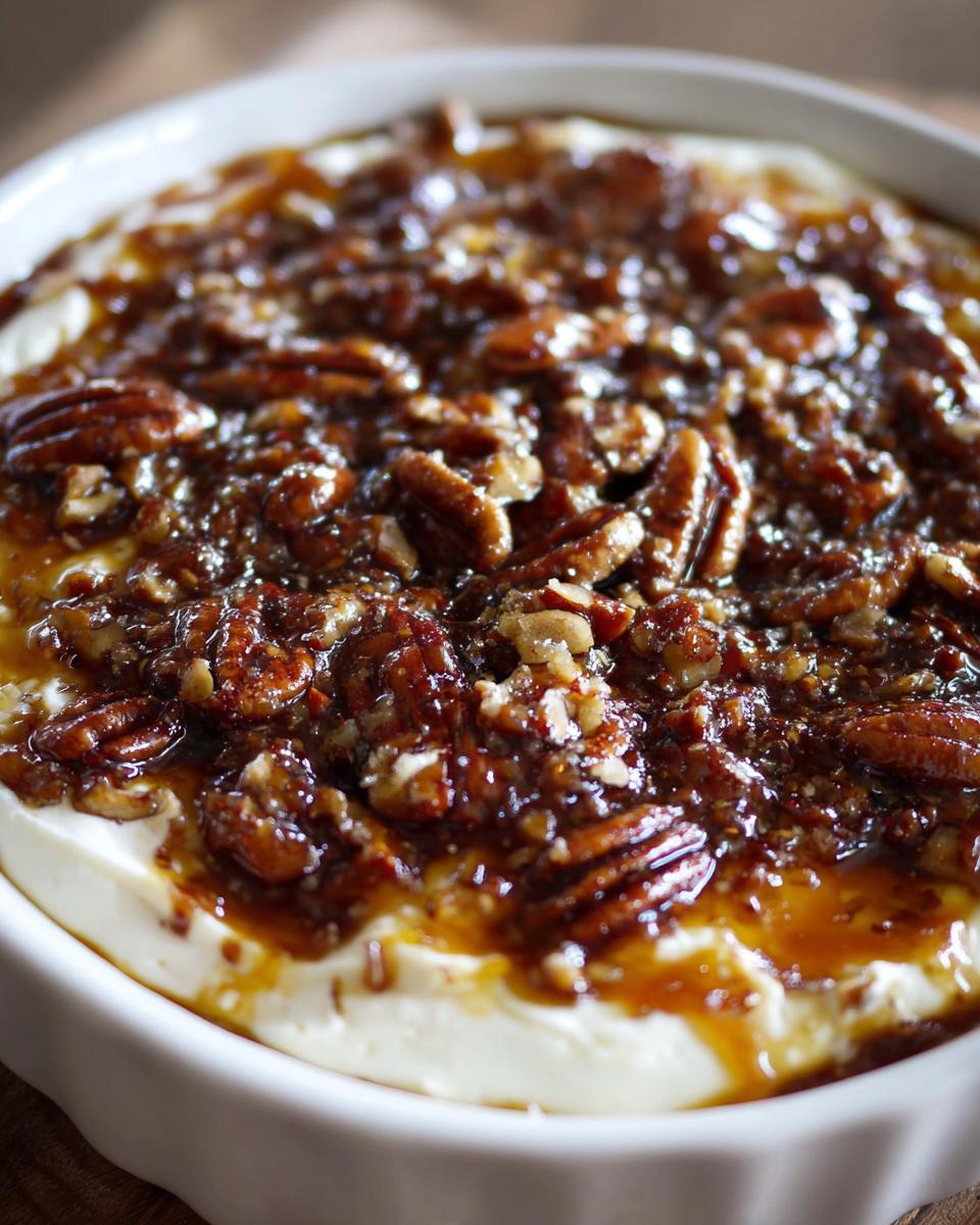 A close-up of a creamy base topped with a thick, glossy layer of candied pecans for the perfect pecan pie dip.