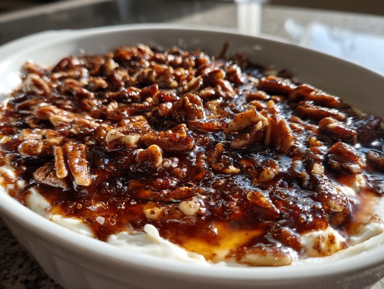 A close-up view of a white dish filled with creamy pecan pie dip, topped generously with glazed pecans and caramel sauce.