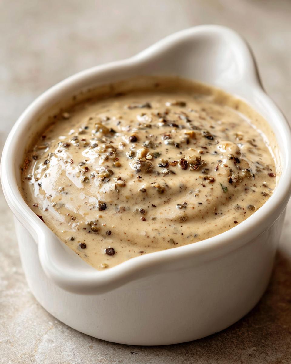 Close-up of rich, creamy peppercorn sauce generously topped with cracked black and green peppercorns in a white serving dish.