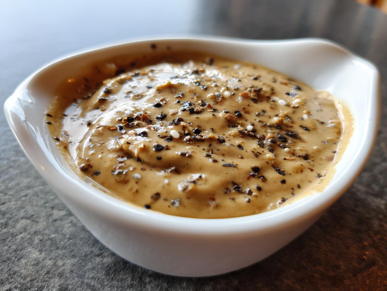 Close-up of rich, creamy peppercorn sauce topped generously with cracked black and white peppercorns.
