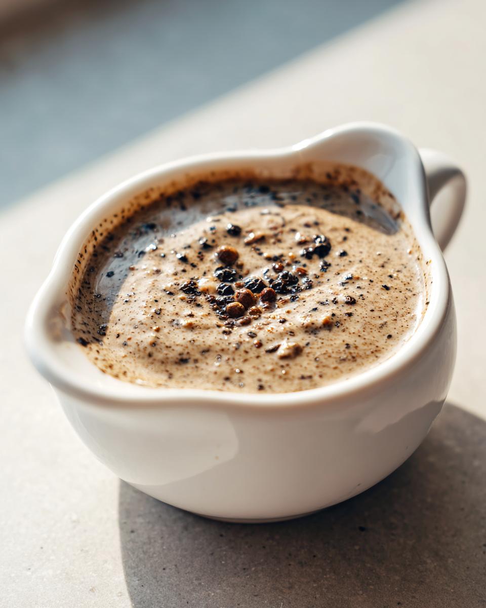 Close-up of rich, creamy peppercorn sauce topped with whole and crushed black peppercorns in a small white serving dish.