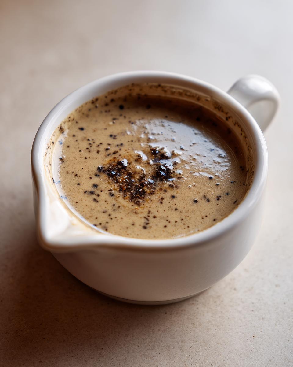 Close-up of creamy peppercorn sauce topped with cracked black pepper in a small white serving vessel.