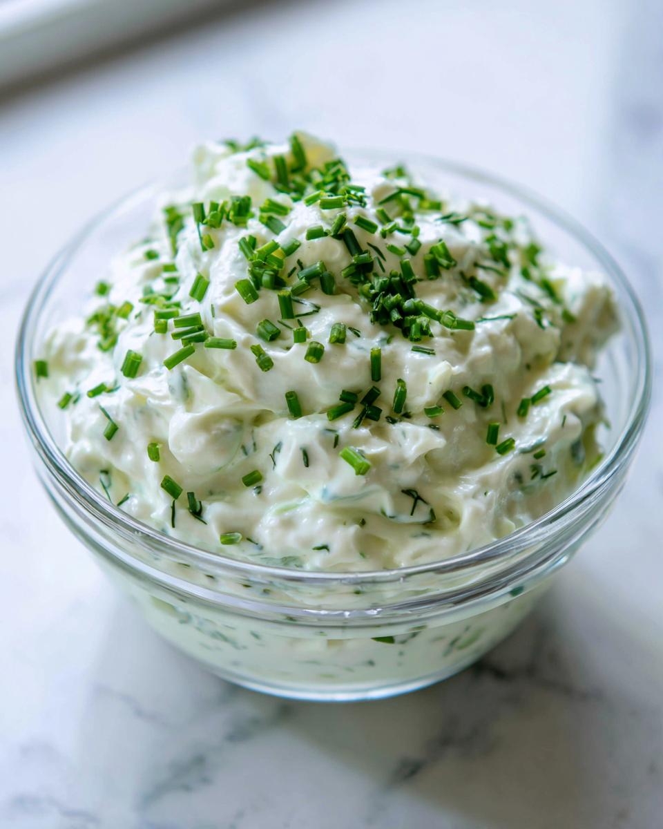 Close-up of creamy pickle dip in a clear glass bowl, generously topped with chopped fresh chives.