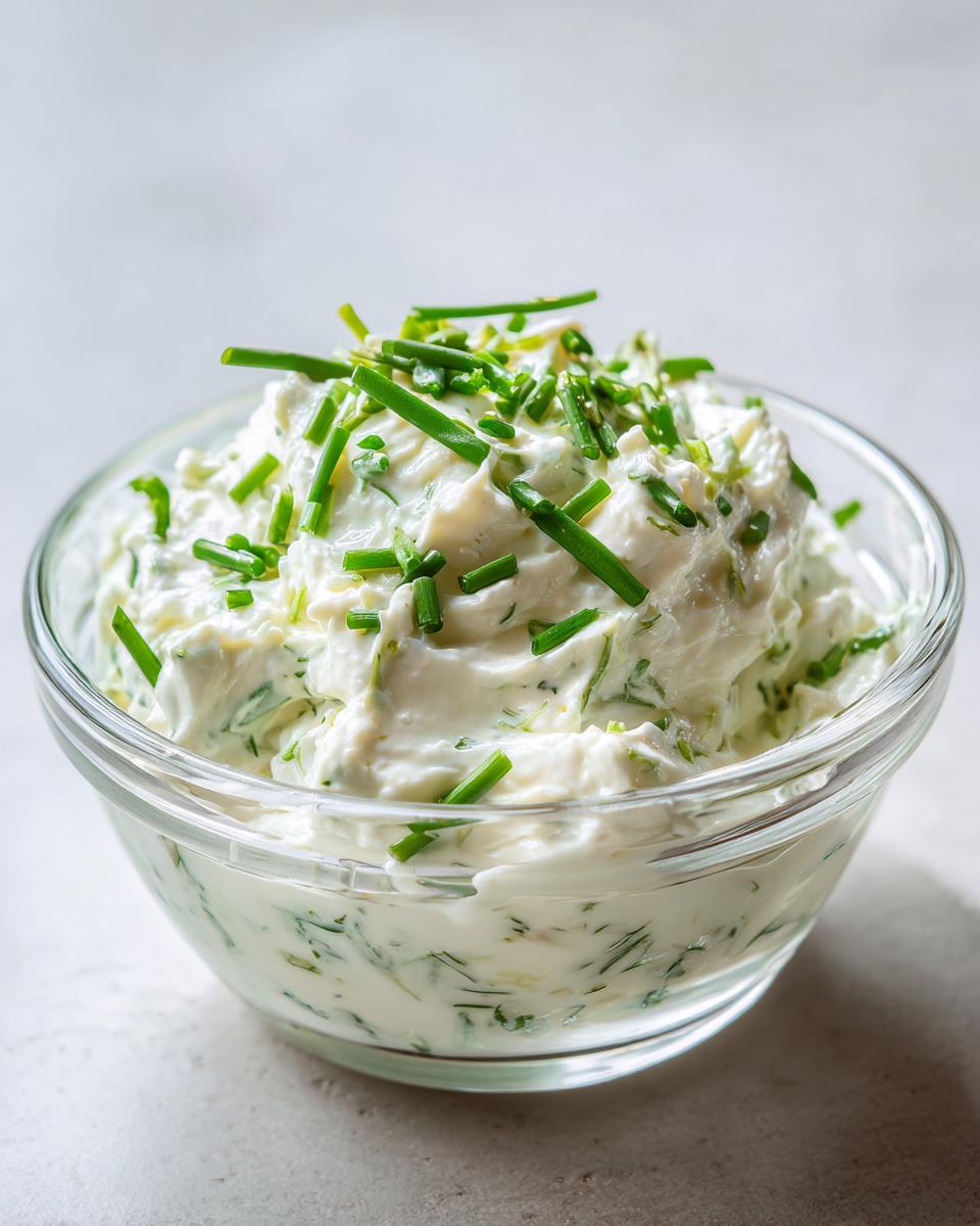 Close-up of creamy pickle dip in a glass bowl, generously topped with chopped fresh chives.
