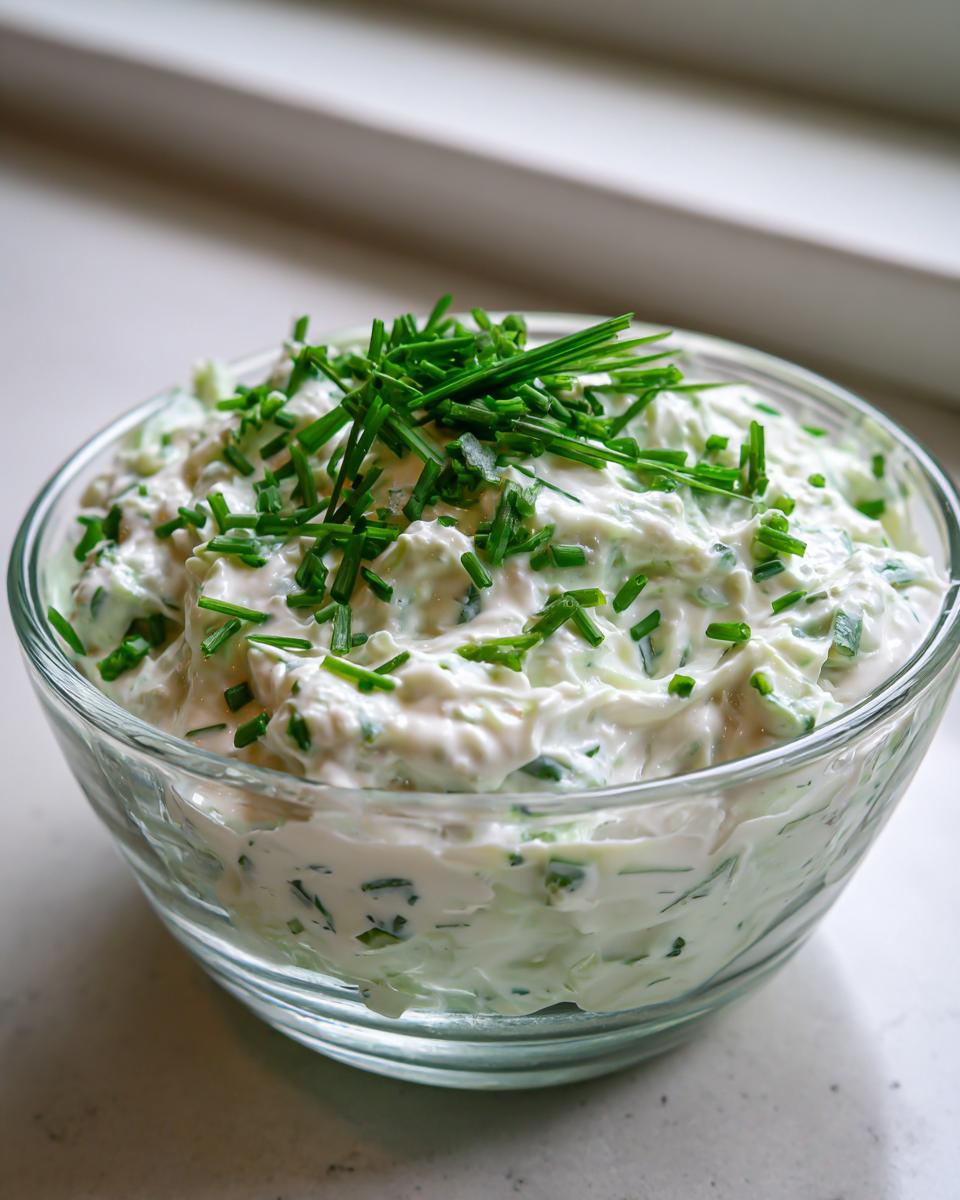 Close-up of creamy pickle dip in a glass bowl, generously topped with fresh chopped chives.