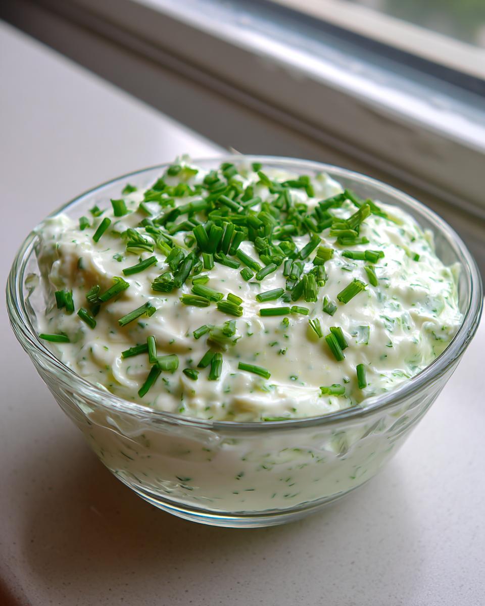 Close-up of a creamy pickle dip in a glass bowl, generously topped with bright green chopped chives.