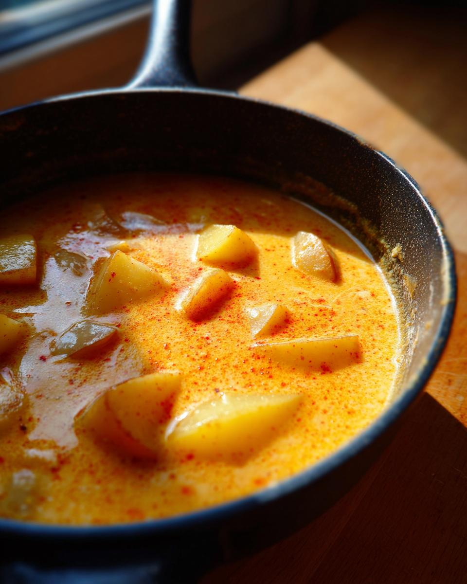 Close-up of creamy, orange-hued cheese soup with chunks of potato, sprinkled with paprika, served in a black cast iron skillet.