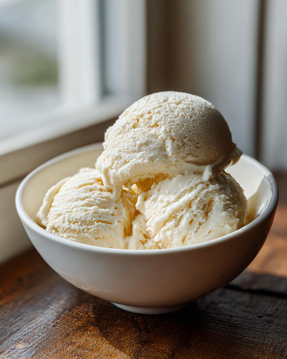 Three scoops of creamy vanilla-colored protein ice cream served in a white bowl on a rustic wooden surface.
