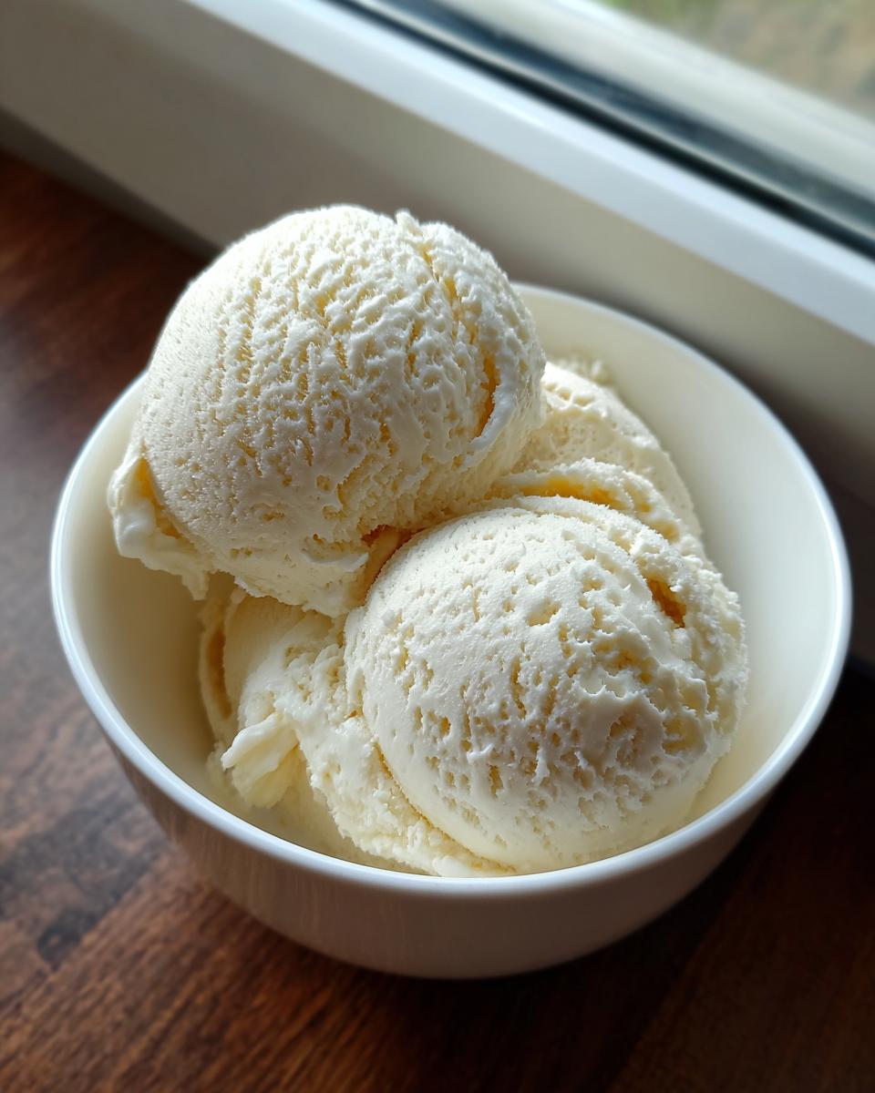 Close-up of several scoops of creamy vanilla protein ice cream served in a white bowl near a window.