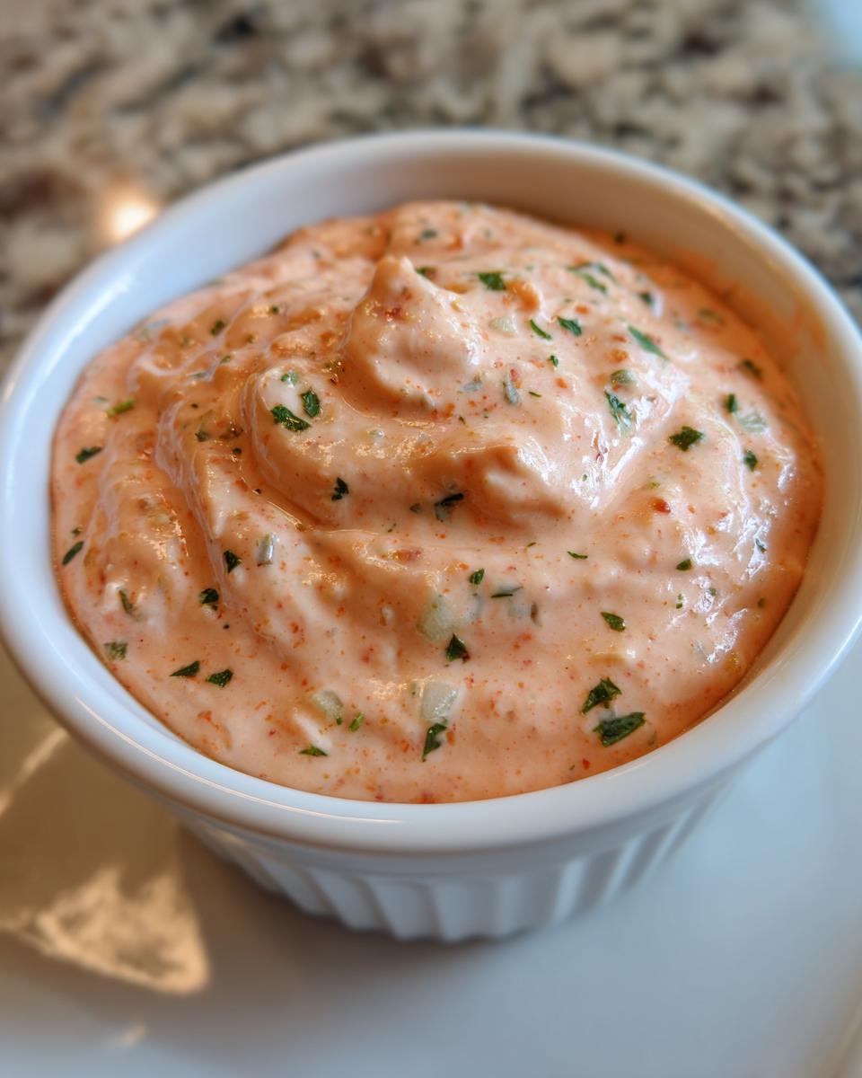 Close-up of thick, creamy remoulade sauce speckled with herbs and spices, served in a small white bowl.