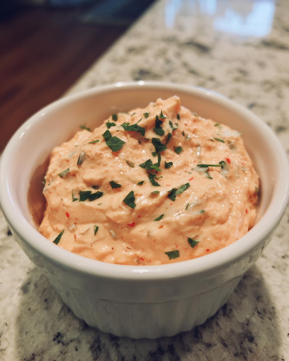 A close-up of thick, pinkish-orange remoulade sauce garnished with fresh chopped parsley in a small white bowl.