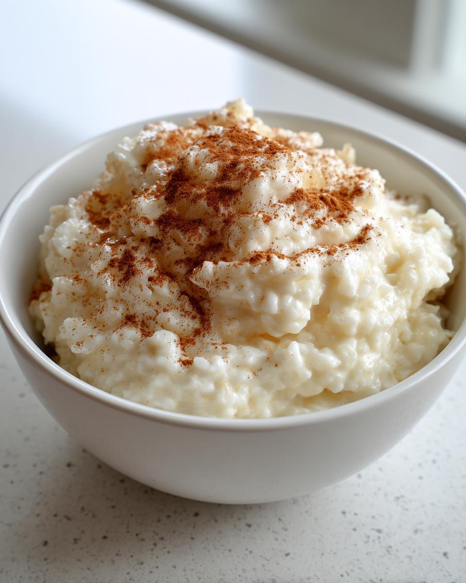 A close-up of creamy rice pudding served in a white bowl, generously sprinkled with ground cinnamon.