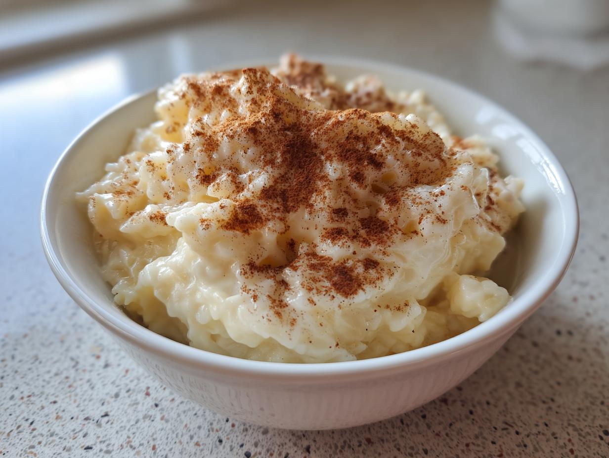Close-up of a white bowl filled with creamy rice pudding generously sprinkled with ground cinnamon.