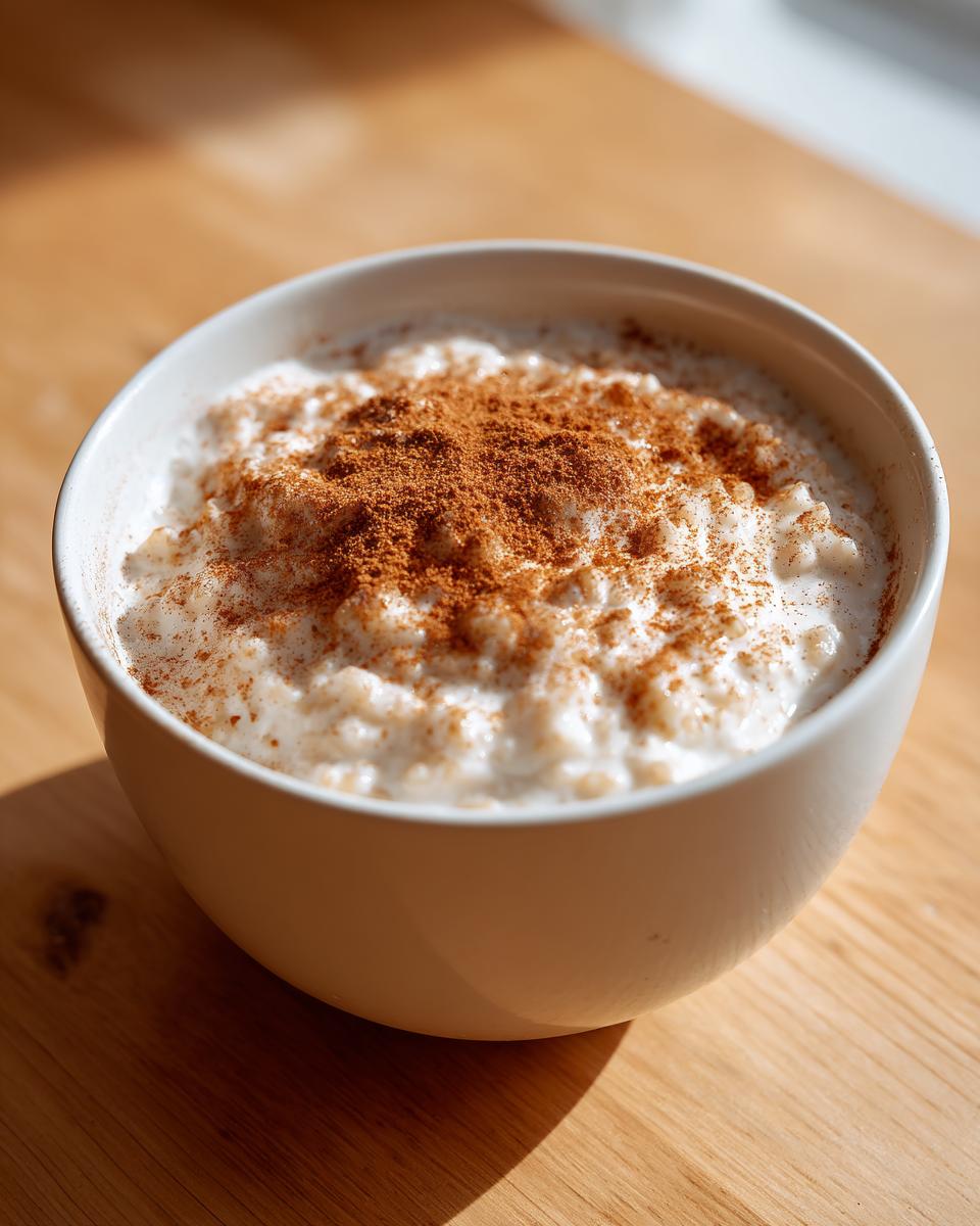 A close-up of a white bowl filled with creamy rice pudding recipe, generously dusted with ground cinnamon.