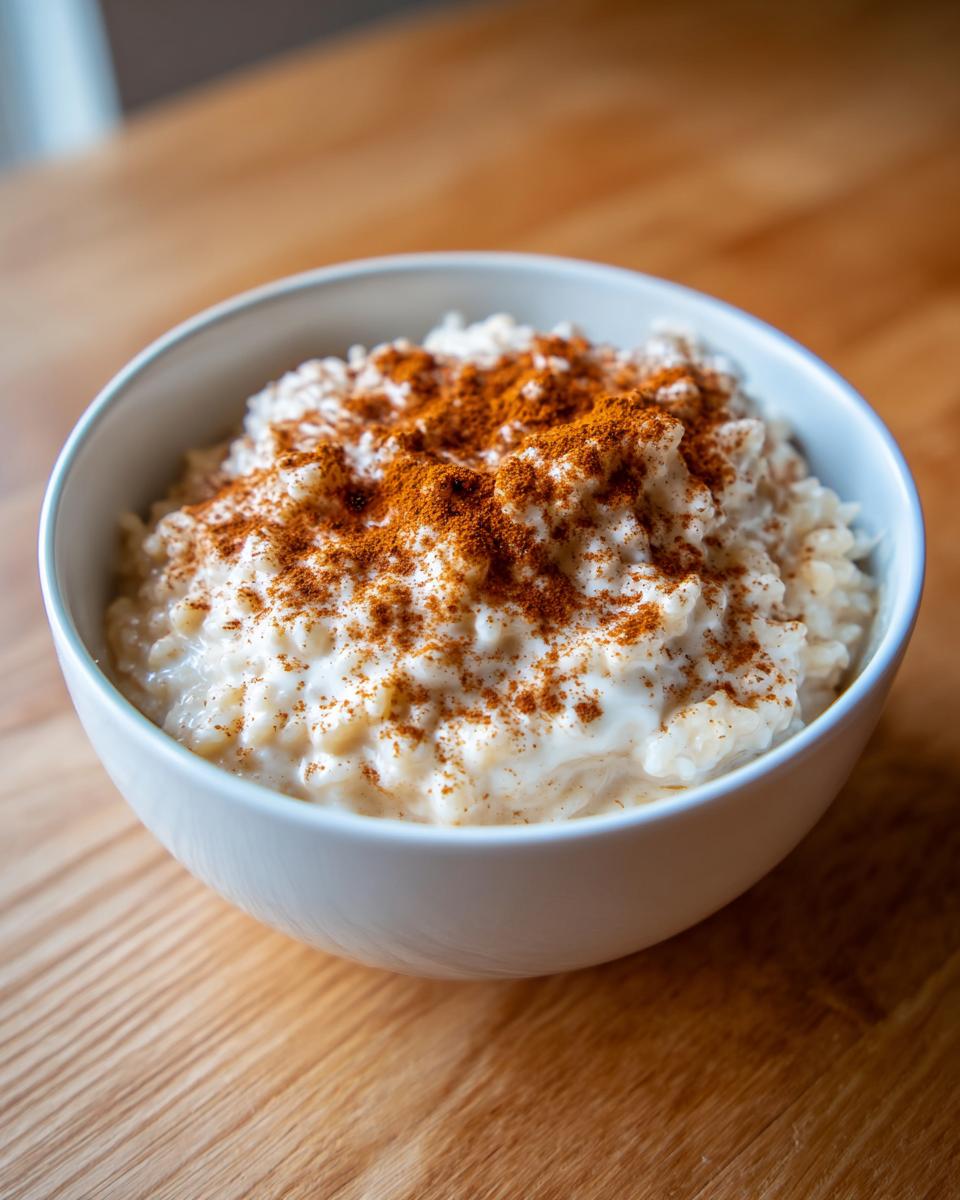 A close-up of a white bowl filled with creamy rice pudding recipe, heavily dusted with ground cinnamon.