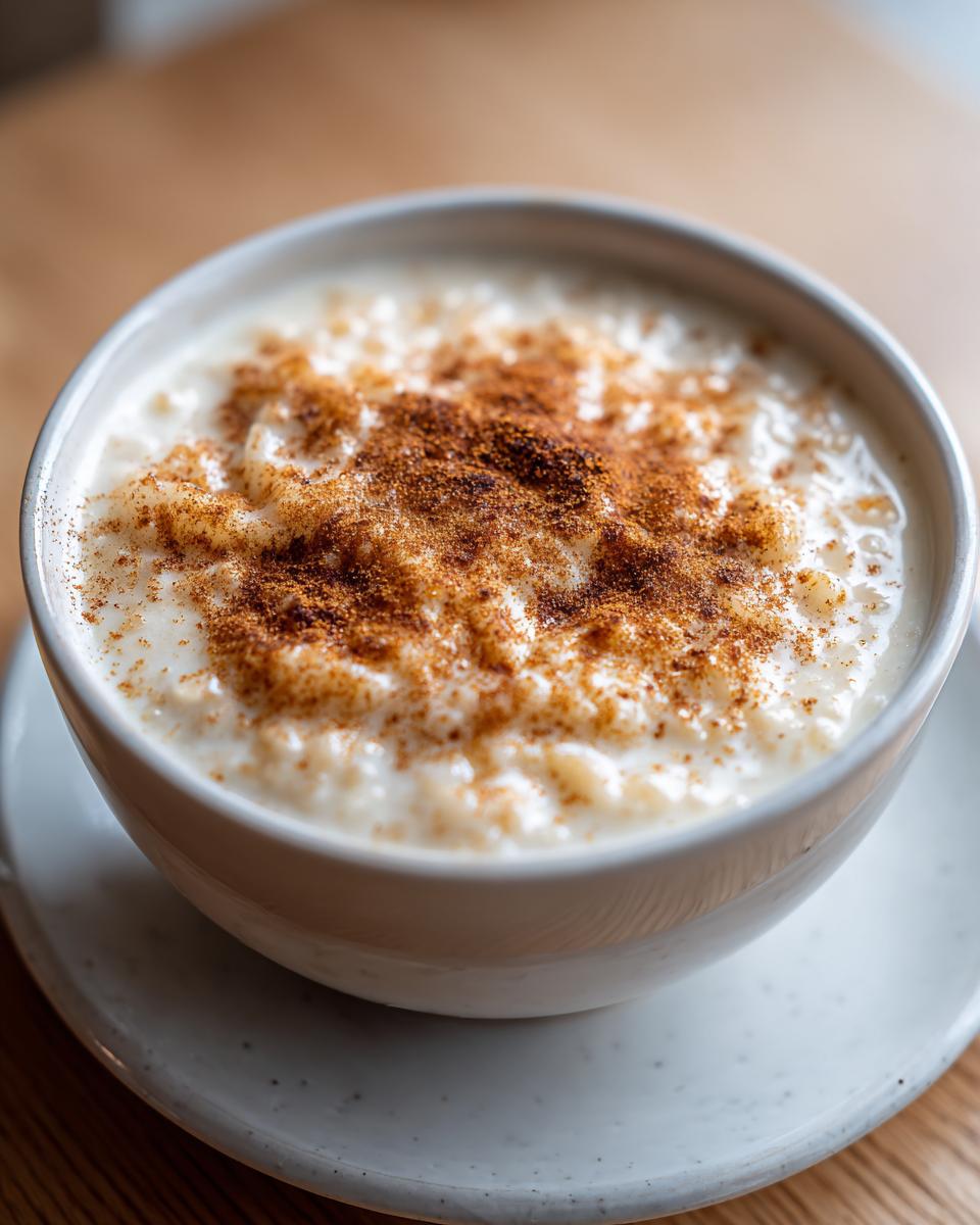 Close-up of a bowl of creamy rice pudding recipe generously topped with ground cinnamon.