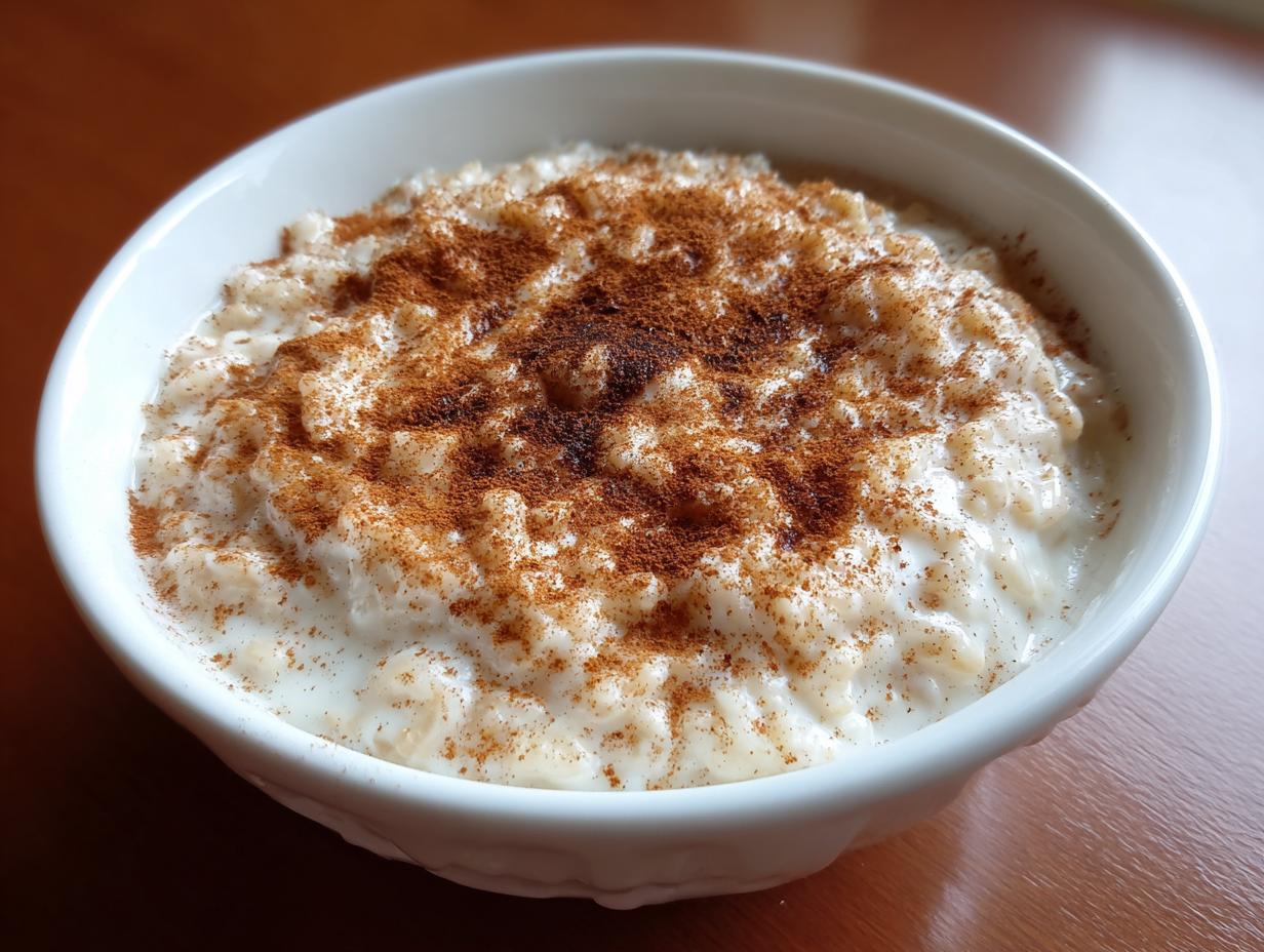 Close-up of a bowl of creamy rice pudding recipe generously sprinkled with ground cinnamon.