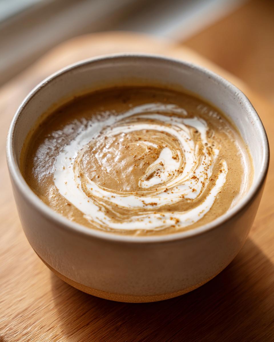 Close-up of a bowl of rich roasted cauliflower soup, garnished with a swirl of cream and spices.