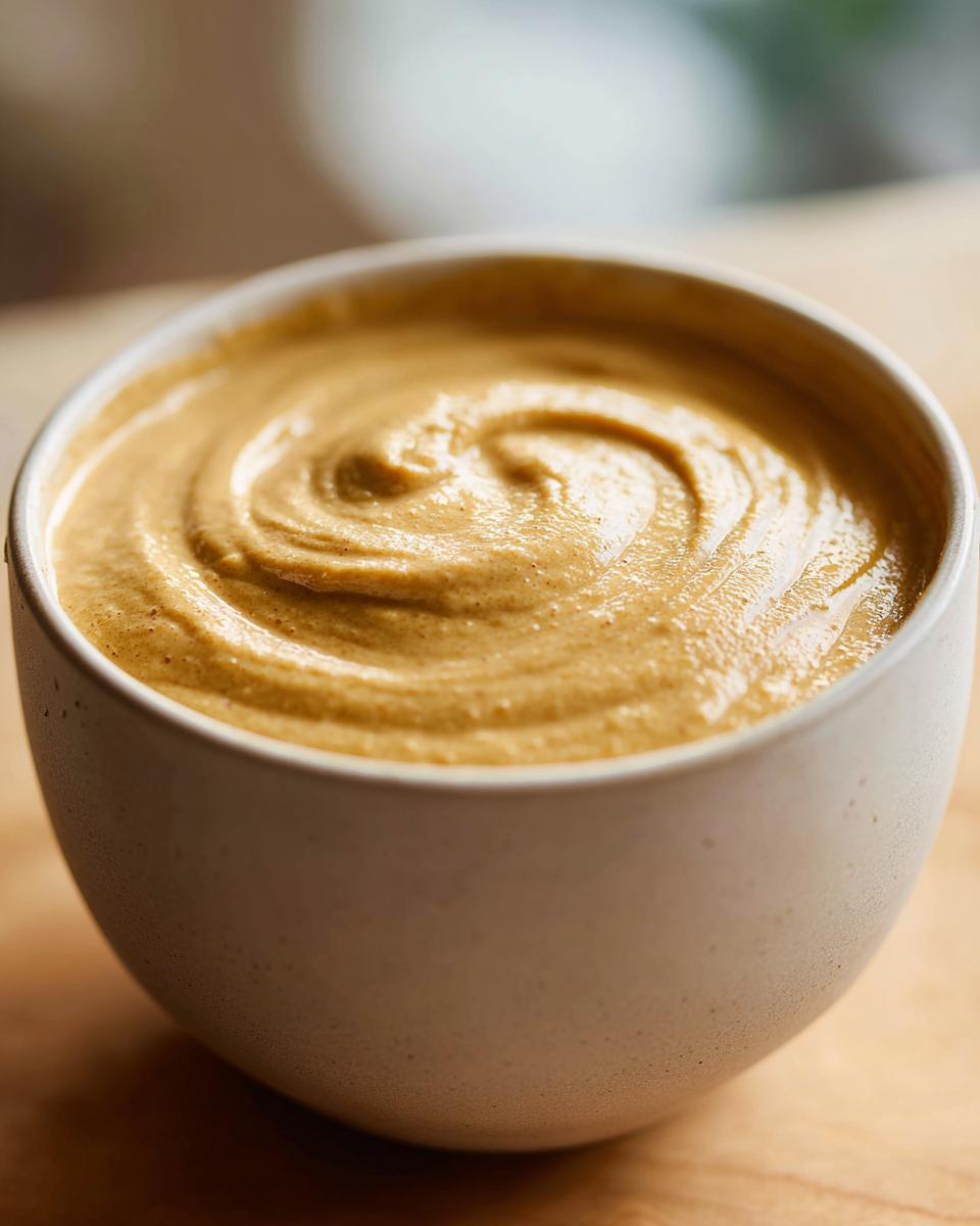 Close-up of a bowl filled with thick, creamy roasted cauliflower soup showing a swirl pattern.