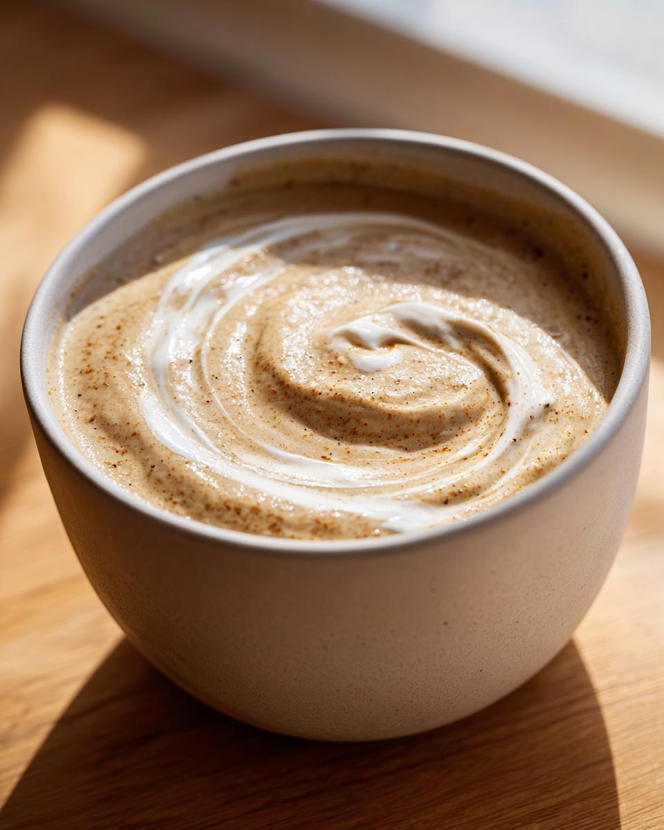 Close-up of creamy roasted cauliflower soup topped with a white cream swirl and spices.