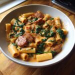 Close-up of creamy sausage pasta featuring rigatoni, sliced sausage, and wilted spinach in a light bowl.