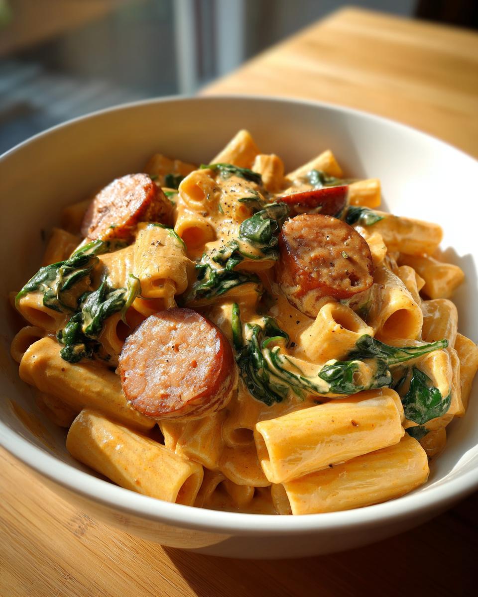Close-up of creamy sausage pasta featuring rigatoni, sliced sausage, and wilted spinach in a white bowl.
