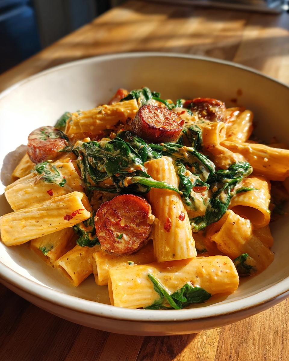 Close-up of creamy sausage pasta featuring rigatoni, sliced sausage, and wilted spinach.