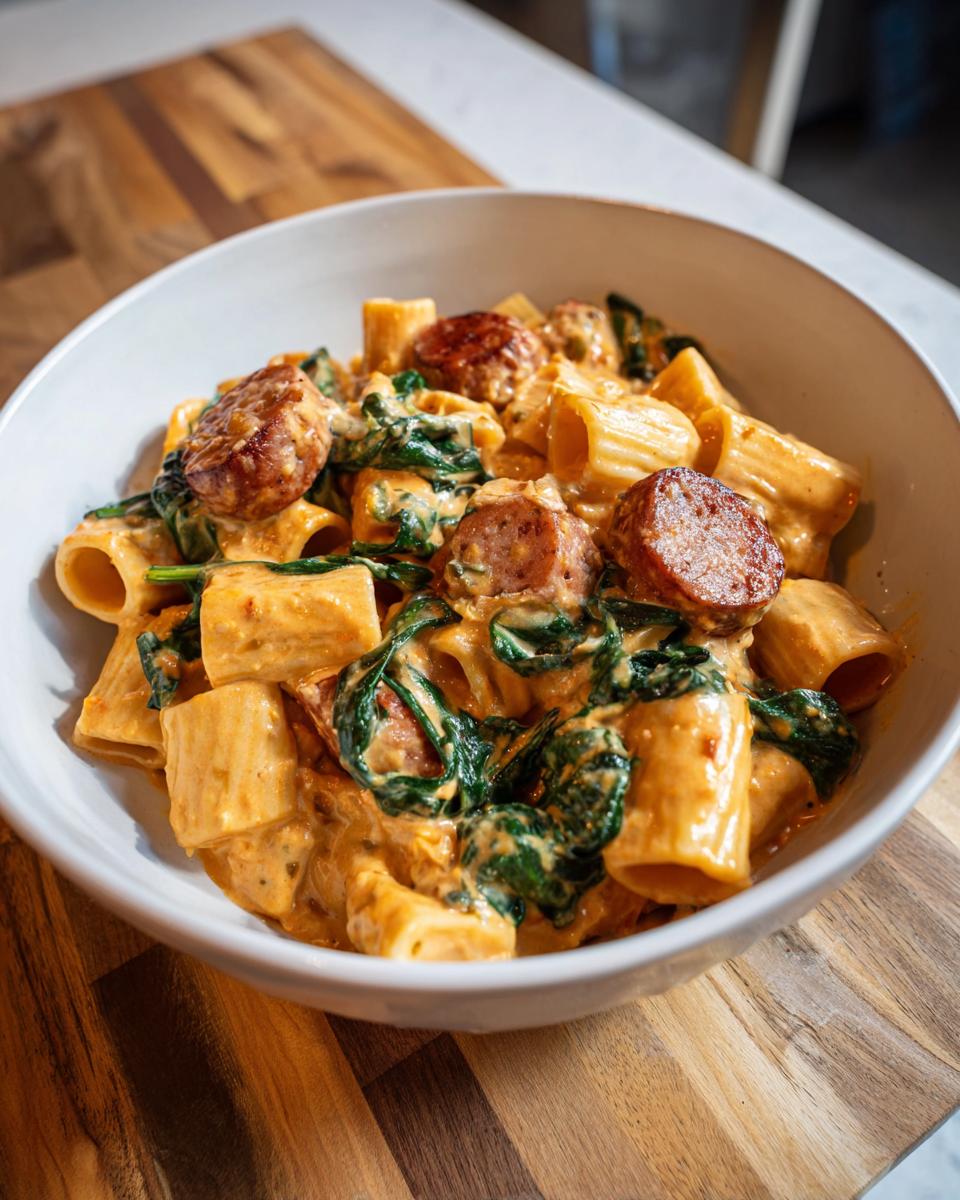 Close-up of creamy sausage pasta featuring rigatoni, sliced sausage, and wilted spinach in a white bowl.
