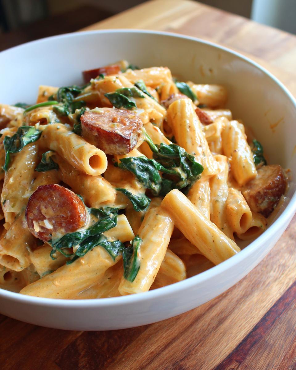 Close-up of creamy sausage pasta featuring penne, sliced sausage, and wilted spinach in a white bowl.