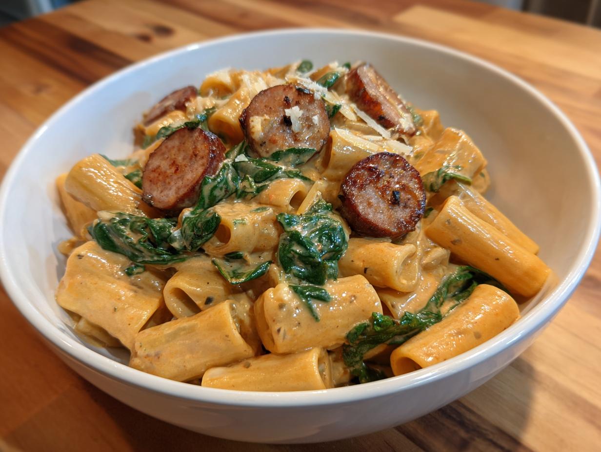 A close-up of creamy sausage pasta featuring rigatoni, browned sausage slices, and wilted spinach, garnished with Parmesan cheese.
