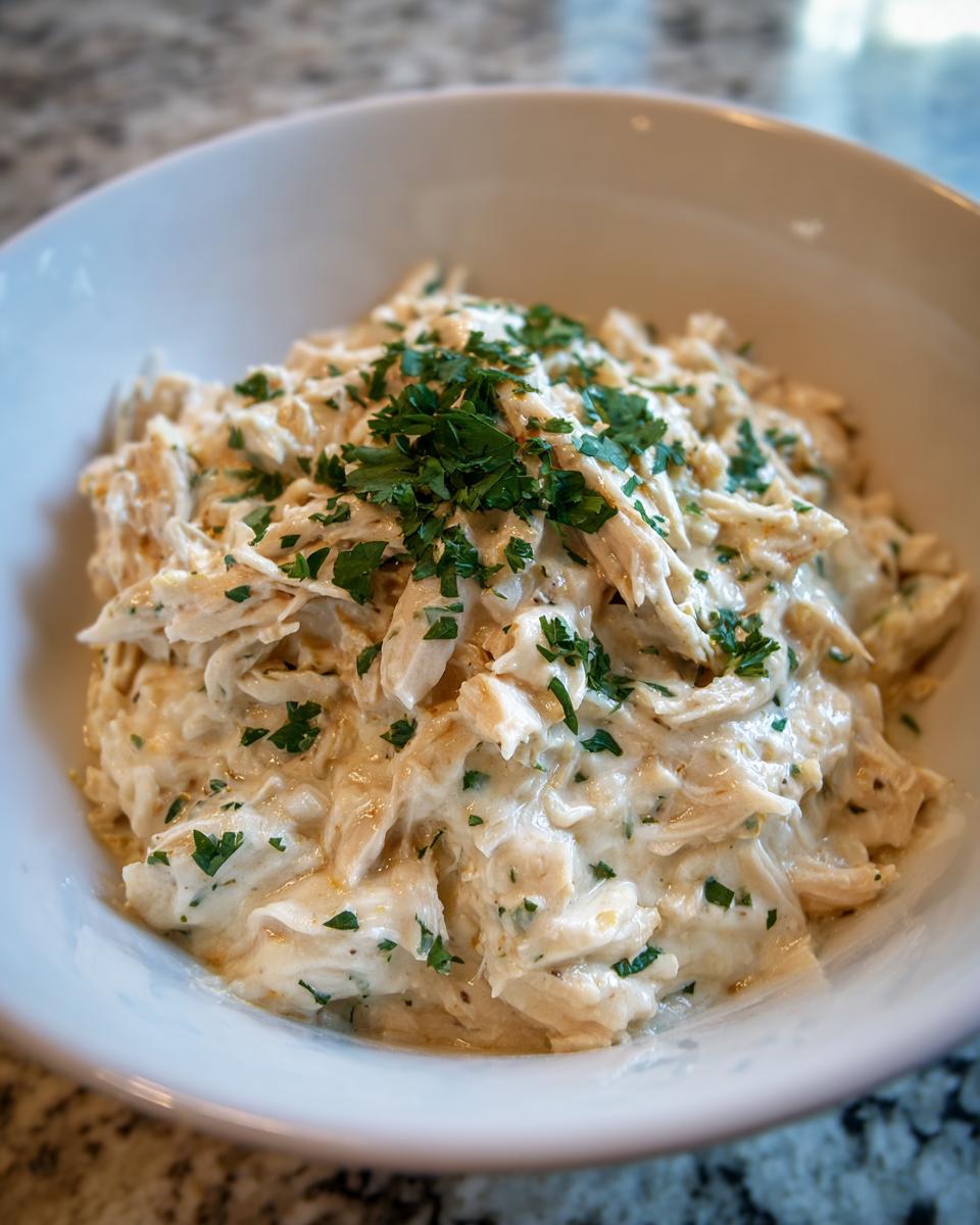Close-up of creamy shredded chicken mixture, likely the base for chicken chili, topped with fresh parsley.