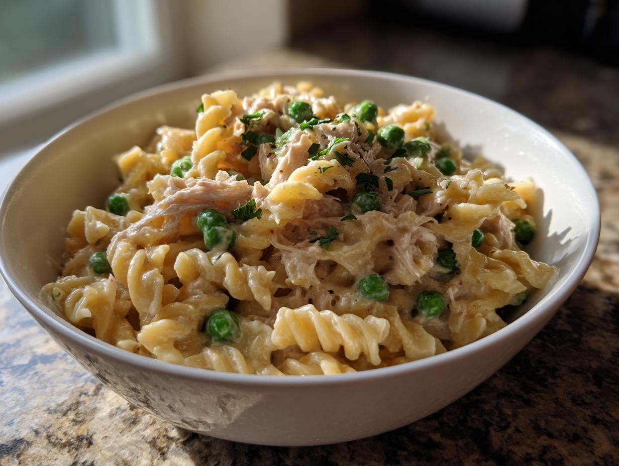 A close-up of creamy tuna pasta mixed with bright green peas, served in a white bowl.