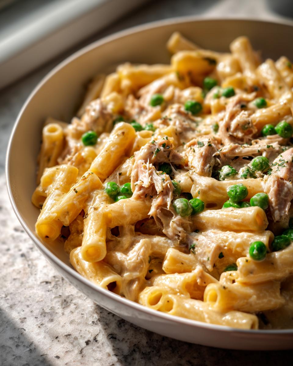 Close-up of creamy tuna pasta made with rigatoni, shredded tuna, and bright green peas, served in a white bowl.