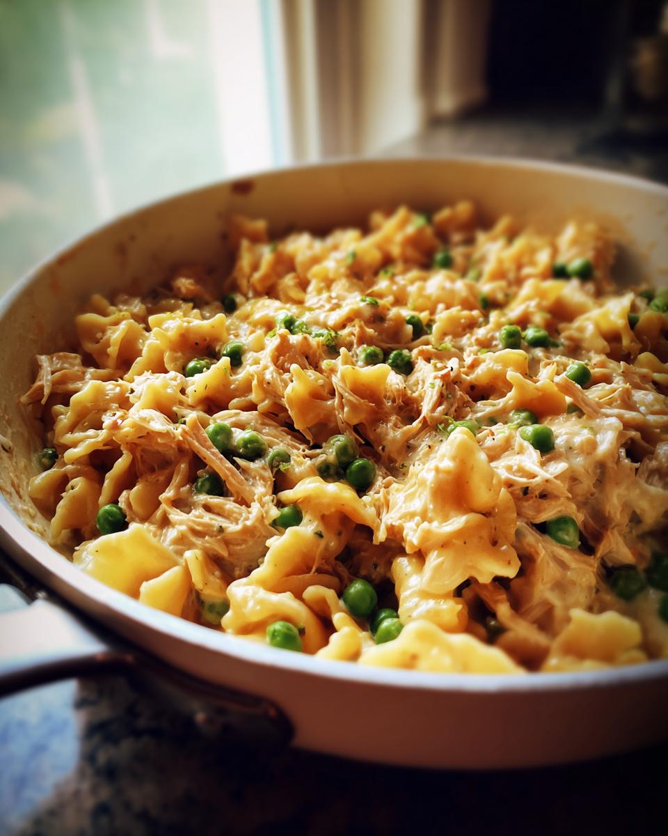 Close-up of creamy tuna pasta with egg noodles and bright green peas mixed together in a white skillet.