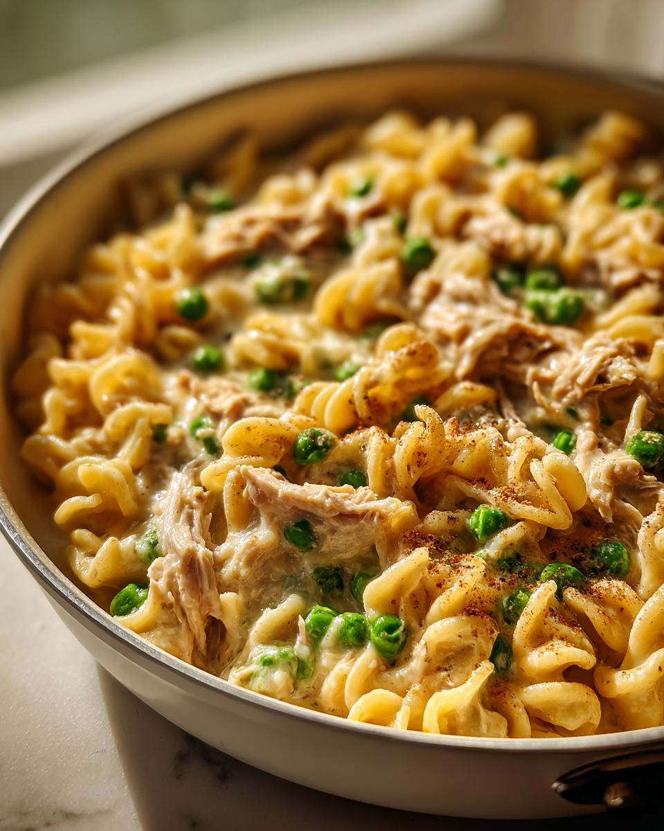 Close-up of creamy tuna pasta made with rotini, shredded tuna, and bright green peas, served in a white skillet.