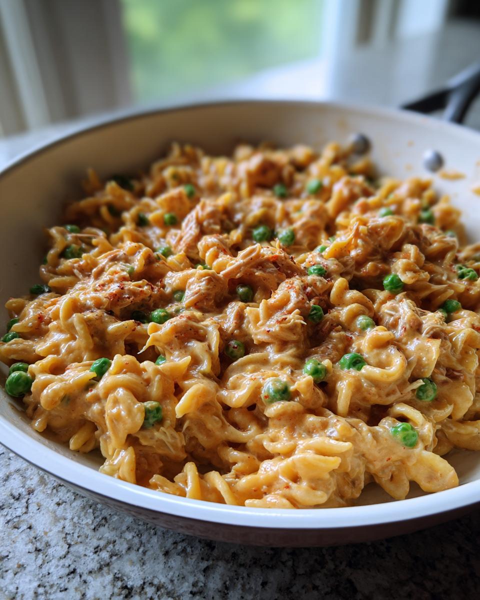 Close-up of creamy tuna pasta mixed with bright green peas, served hot in a skillet.