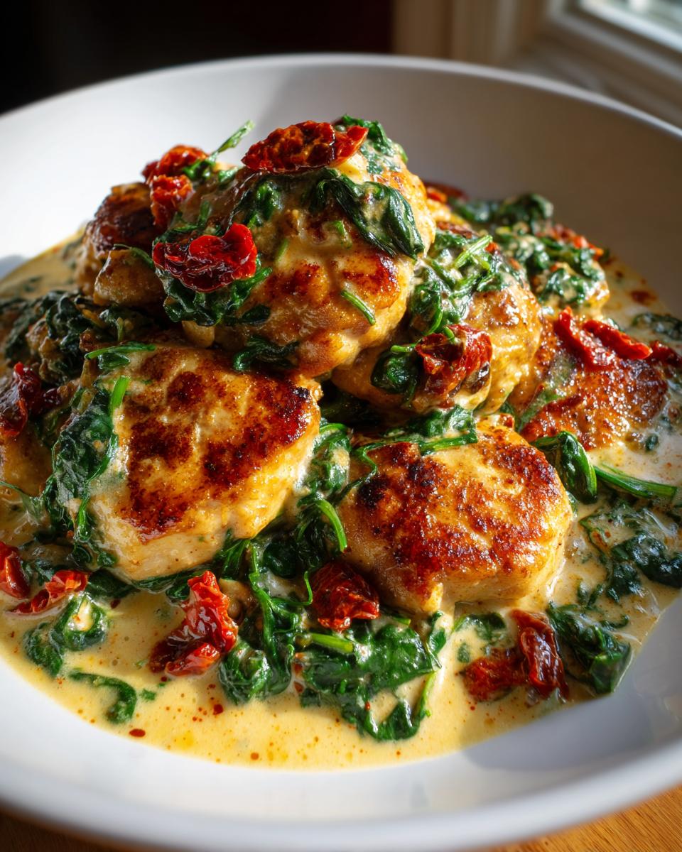 Close-up of seared chicken pieces smothered in a creamy sauce with spinach and sun-dried tomatoes, showcasing creamy tuscan chicken.