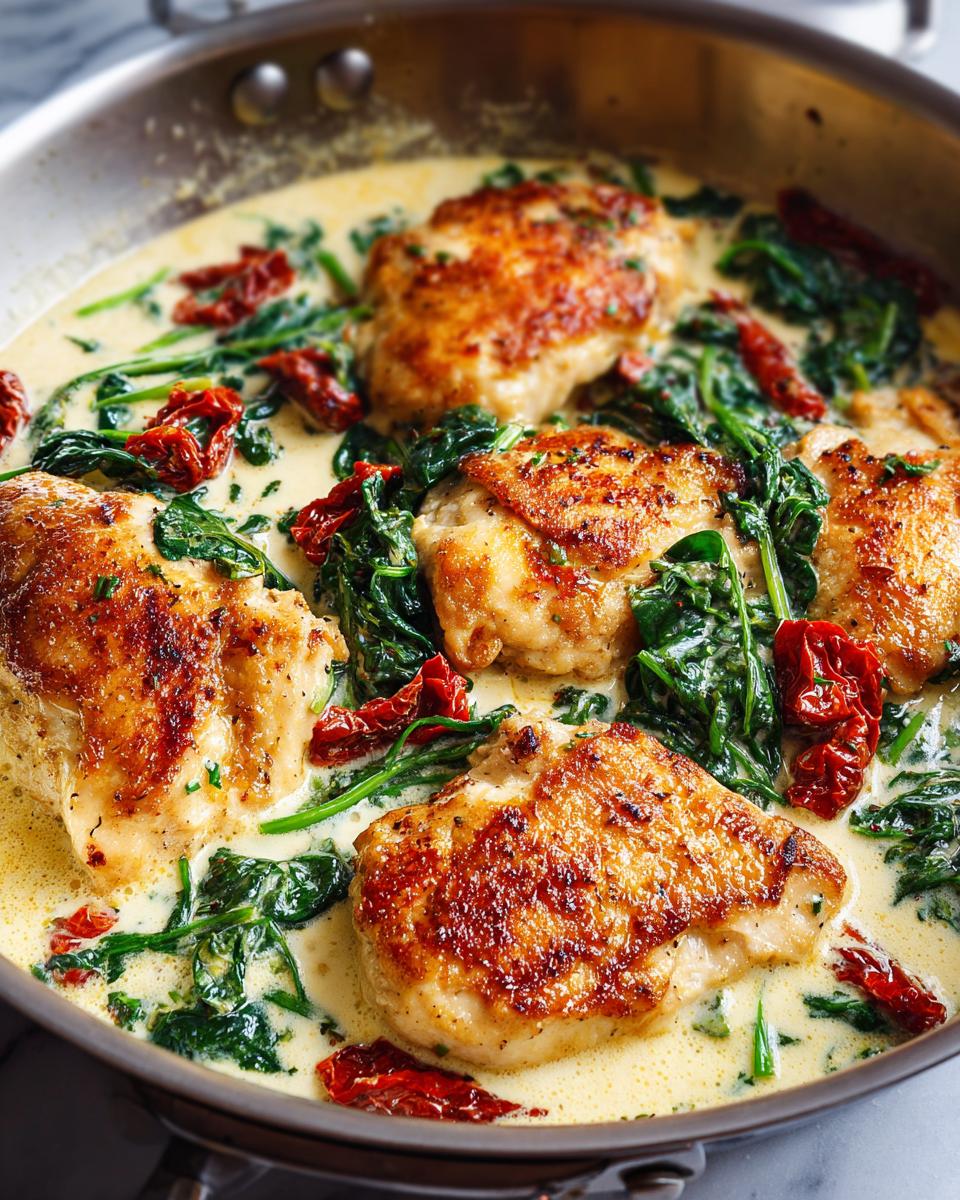 Four pieces of golden-brown chicken simmering in a rich, creamy sauce with spinach and sun-dried tomatoes for creamy tuscan chicken.