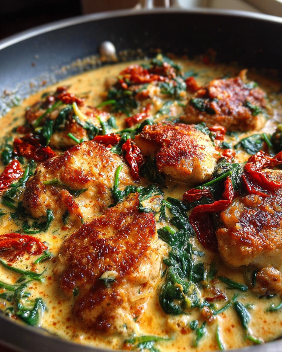 Close-up of seared chicken breasts simmering in a rich, creamy Tuscan chicken sauce with spinach and sun-dried tomatoes.
