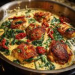 Five seared chicken pieces simmering in a rich, creamy Tuscan sauce with wilted spinach and sun-dried tomatoes, making the best creamy tuscan chicken.