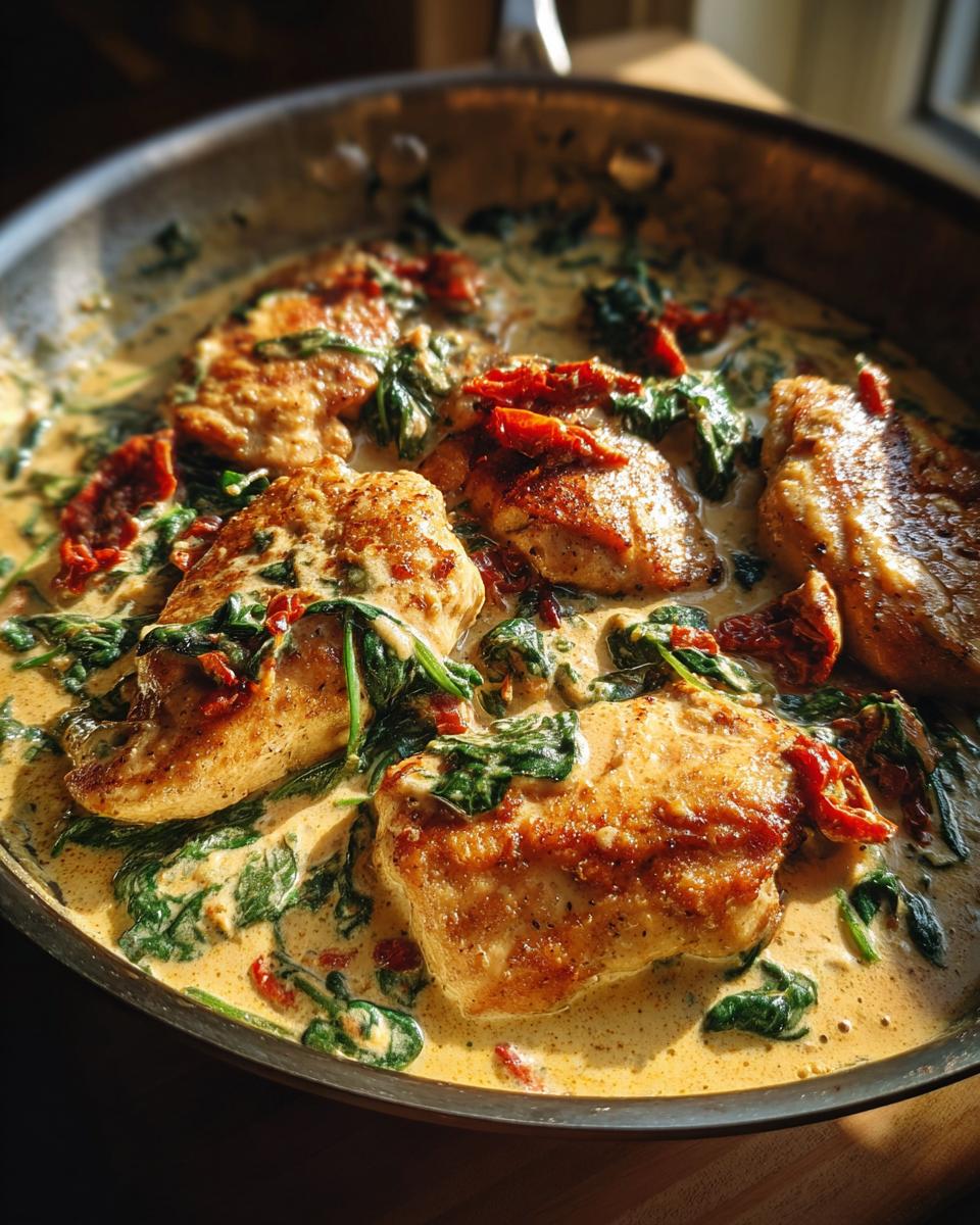 Close-up of golden seared chicken breasts simmering in a rich, creamy Tuscan sauce with spinach and sun-dried tomatoes, the best creamy tuscan chicken.