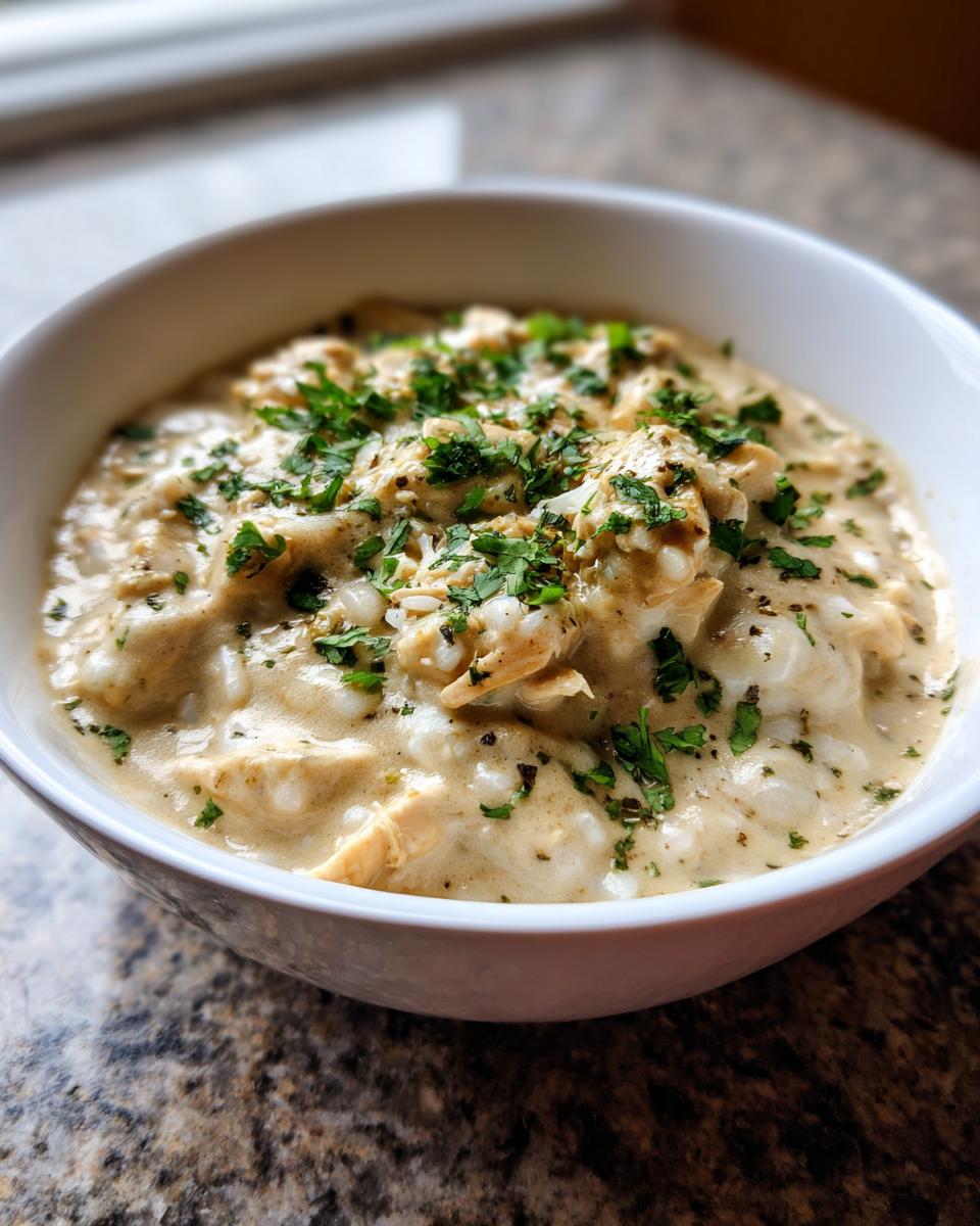A close-up of a creamy white chicken chili served in a white bowl and topped with fresh chopped parsley.