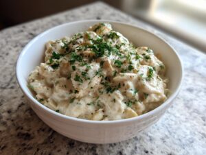 A white bowl filled with creamy white chicken chili, topped generously with fresh parsley.