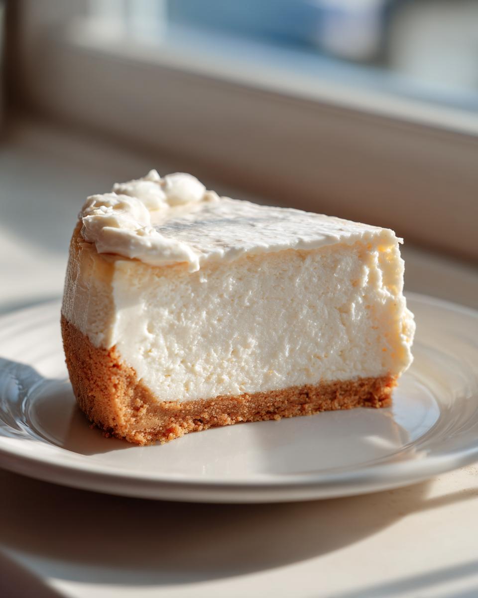 A close-up shot of a single slice of creamy white chocolate cheesecake with a graham cracker crust on a white plate.